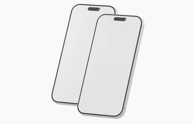 Beyaz arkaplanda boş ekranı olan iki beyaz akıllı telefon.