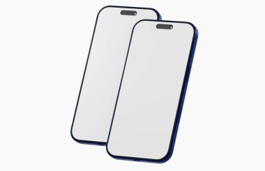 Boş ekranlı iki modern akıllı telefon, beyaz arkaplanda mavi çerçeve.