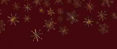 Burgundy Christmas veya kış arka planında zarif altın kar taneleri