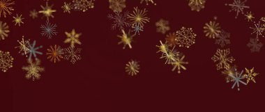 Noel dekoru için kırmızı arka planda zarif altın kar taneleri.