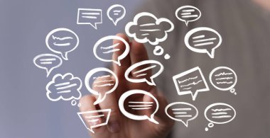 Dijital konuşma baloncuklarıyla el etkileşimi, iletişim konsepti