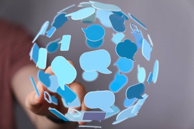 Küresel İletişim Ağı: Sohbet Baloncukları Küresiyle Etkileşen Bir El