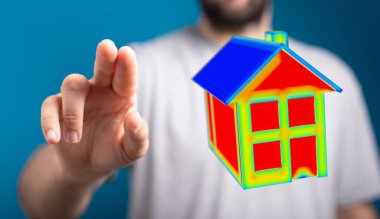 Mavi arka planı olan dijital bir model eve dokunuyor.