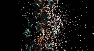 Parlak parçacıklarla siyah zemin üzerinde soyut yıldız patlaması