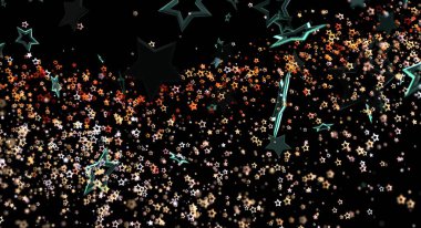 Parlayan elementlere sahip soyut yıldız arkaplanı, siyah boşluk, rüya gibi illüstrasyon