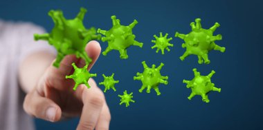 Mavi arkaplanda yeşil virüs modellerine dokunmak