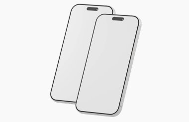 Modern akıllı telefon modeli yan yana iki telefonu beyaz ekranda gösteriyor