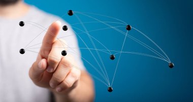 Mavi arkaplanda dijital ağ bağlantısı ve veri teknolojisi kavramına dokunmak