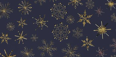 Kışın Koyu Mavi Arkaplanda Altın Kar Tanesi Kalıbı