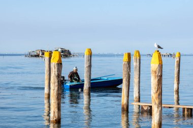 Pellestrina, Venedik, İtalya - 27 Ekim 2025: Pellestrina Adası açıklarındaki Venedik lagünündeki küçük bir teknede çalışan balıkçı