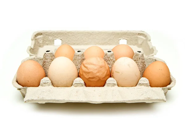 Diğer Iyi Yumurtaların Yanında Sert Dalgalı Yumurta Kabuğuyla Organik Yumurta — Stok fotoğraf