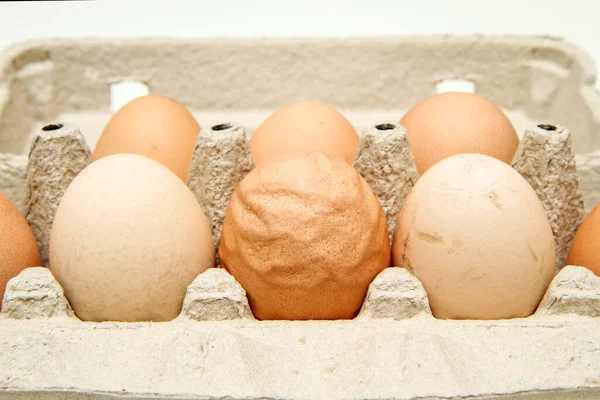 Diğer Iyi Yumurtaların Yanında Sert Dalgalı Yumurta Kabuğuyla Organik Yumurta — Stok fotoğraf