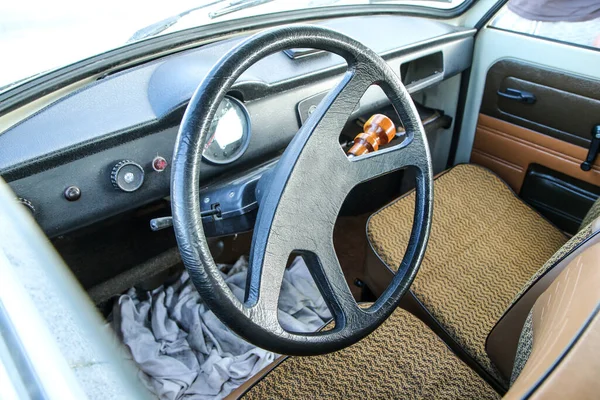 Simple Interior Classic Car Socialist Era Steering Wheel Dashboard Brown — Stock Photo, Image