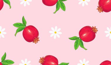 Yapraklar ve Çiçeklerle Kusursuz Nar Deseni Tekstil, Paketleme ve Dcor için Kırmızı Meyve Tasarımı