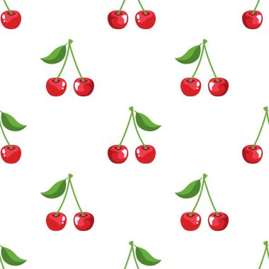 Kusursuz kırmızı kiraz desenli tasarım, düz kiraz desenli şablon vektörü.