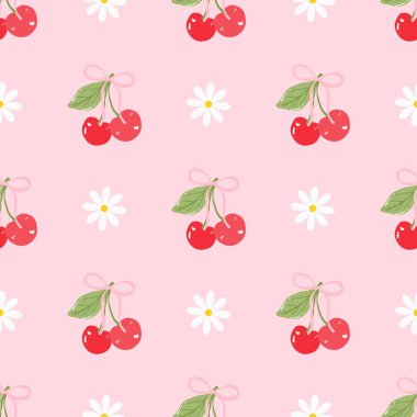 Kusursuz kırmızı kiraz desenli tasarım, düz kiraz desenli şablon vektörü.
