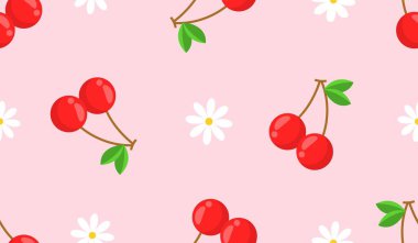 Kusursuz kırmızı kiraz desenli tasarım, düz kiraz desenli şablon vektörü.