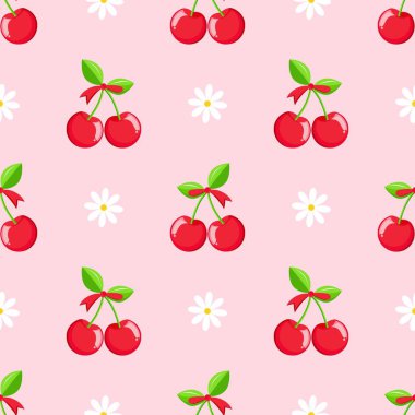 Kusursuz kırmızı kiraz desenli tasarım, düz kiraz desenli şablon vektörü.