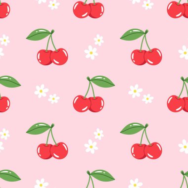 Kusursuz kırmızı kiraz desenli tasarım, düz kiraz desenli şablon vektörü.