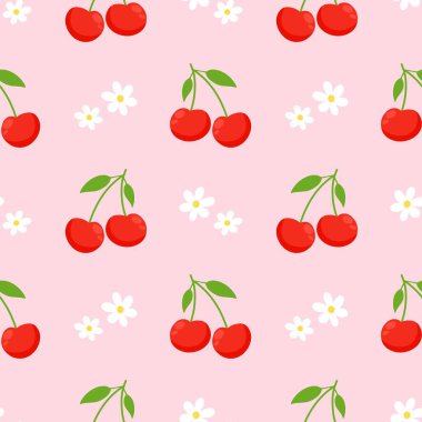 Kusursuz kırmızı kiraz desenli tasarım, düz kiraz desenli şablon vektörü.