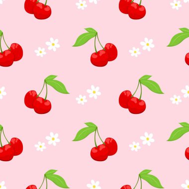 Kusursuz kırmızı kiraz desenli tasarım, düz kiraz desenli şablon vektörü.