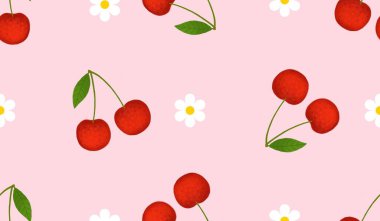 Kusursuz kırmızı kiraz desenli tasarım, düz kiraz desenli şablon vektörü.