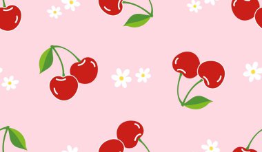 Kusursuz kırmızı kiraz desenli tasarım, düz kiraz desenli şablon vektörü.