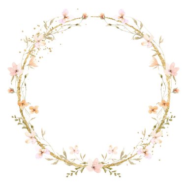 Altın çerçeveli suluboya çiçek çelengi.