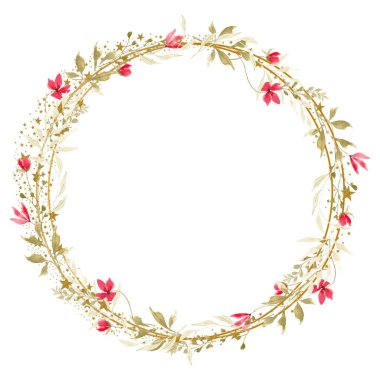 Altın çerçeveli suluboya çiçek çelengi.