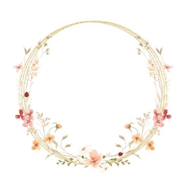 Altın çerçeveli suluboya çiçek çelengi.