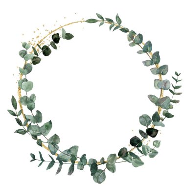 Altın çerçeveli suluboya çiçek çelengi.