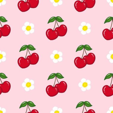 Kusursuz kırmızı kiraz desenli tasarım, düz kiraz desenli şablon vektörü. 