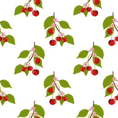 Kusursuz kırmızı kiraz desenli tasarım, düz kiraz desenli şablon vektörü. 