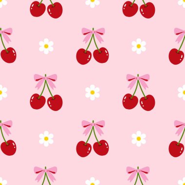 Kusursuz kırmızı kiraz desenli tasarım, düz kiraz desenli şablon vektörü. 