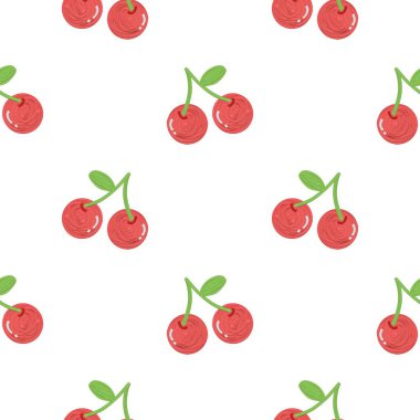 Kusursuz kırmızı kiraz desenli tasarım, düz kiraz desenli şablon vektörü. 