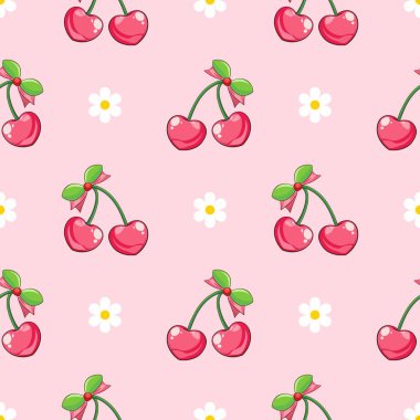 Kusursuz kırmızı kiraz desenli tasarım, düz kiraz desenli şablon vektörü. 