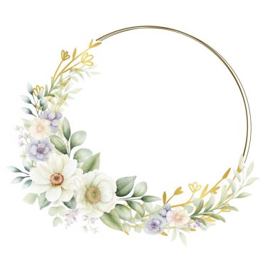 Altın çerçeveli suluboya çiçek çelengi.