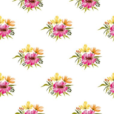 Suluboya yaz çiçekleriyle kusursuz desenli güzel bir çiçek deseni. Stok illüstrasyonu.