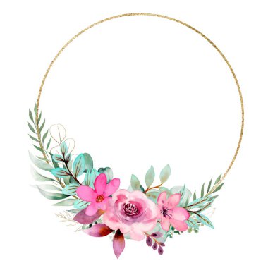 Altın çerçeveli suluboya çiçek çelengi.