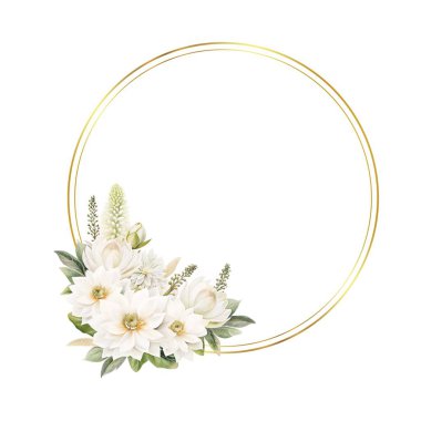 Altın çerçeveli suluboya çiçek çelengi.