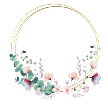 Altın çerçeveli suluboya çiçek çelengi.