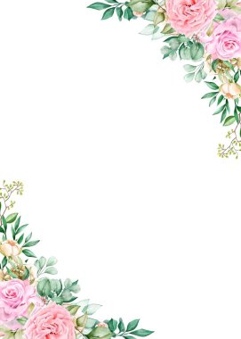 Düğün için çiçek ve dallarla suluboya davetiye şablonu, gelin partisi, doğum günü, yıldönümü.