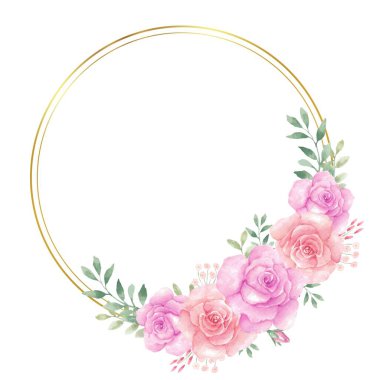 Altın çerçeveli suluboya çiçek çelengi.