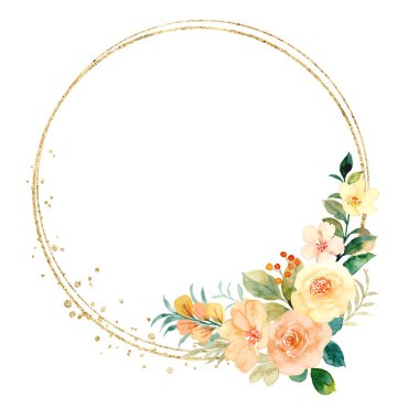 Altın çerçeveli suluboya çiçek çelengi.