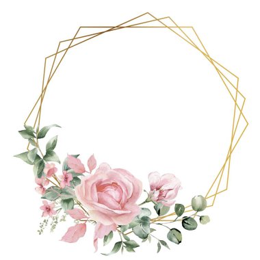 Altın çerçeveli suluboya çelenk. Altın ve geometrik desenli güzel çiçek deseni.