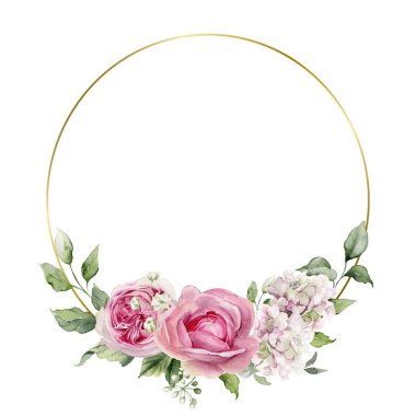 Altın çerçeveli suluboya çelenk. Altın ve geometrik desenli güzel çiçek deseni.