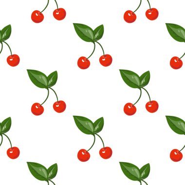 Kusursuz kırmızı kiraz desenli tasarım, düz kiraz desenli şablon vektörü.