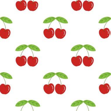 Kusursuz kırmızı kiraz desenli tasarım, düz kiraz desenli şablon vektörü.