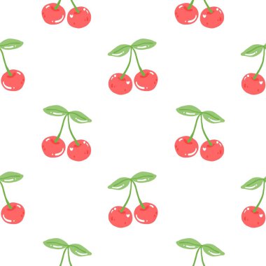 Kusursuz kırmızı kiraz desenli tasarım, düz kiraz desenli şablon vektörü.