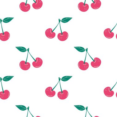 Kusursuz kırmızı kiraz desenli tasarım, düz kiraz desenli şablon vektörü.